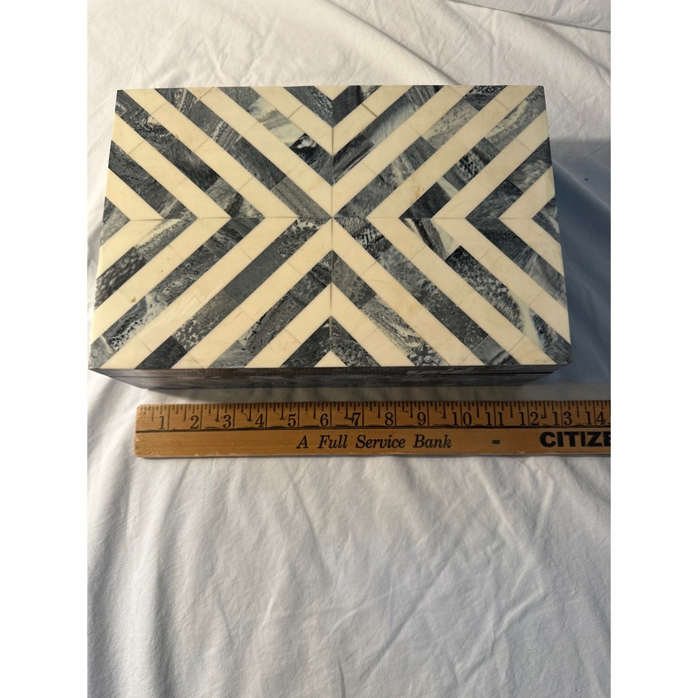 Modern Chevron Inlay Decorative Box Grey blue White Marble Pattern Keepsake